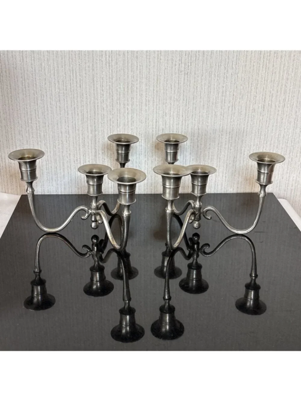 Vintage Candelabra Taper Candle Holder Set Silvertone Metal Ornate Scroll Arm